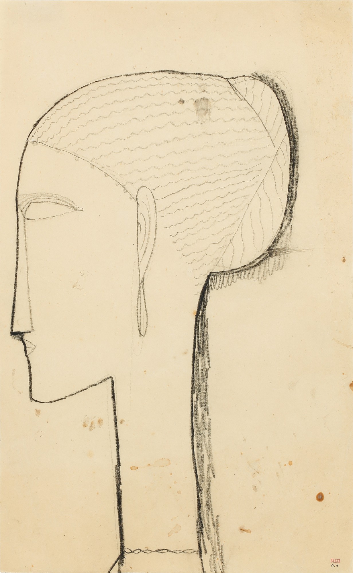 Tête de profil gauche avec chignon, boucle d'oreille et collier