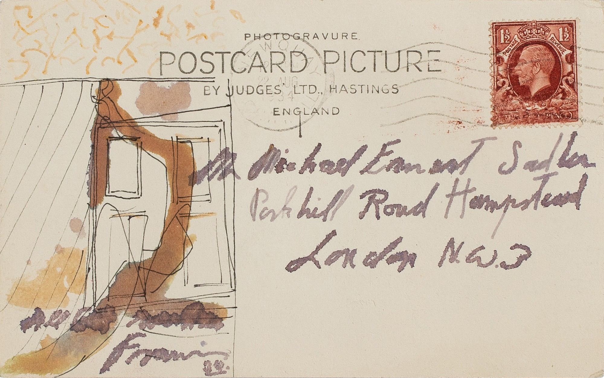 Francis Bacon — Corner of the Studio (Postcard with original drawing addressed to Sir Michael Sadler)