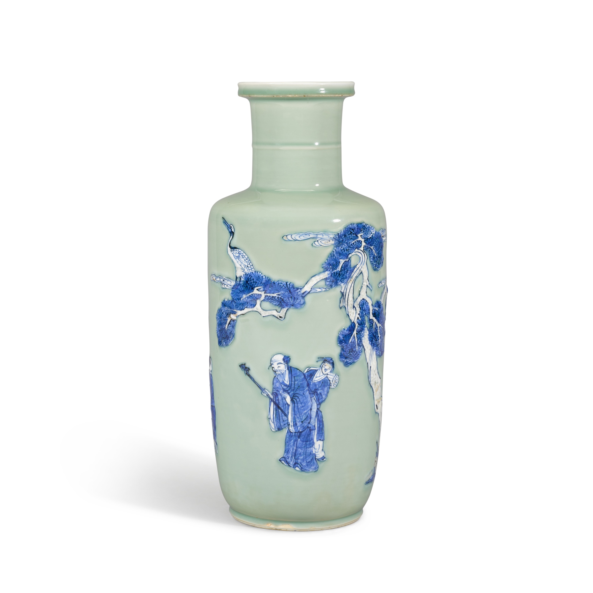 Unknown — 清康熙 豆青地青花釉裏紅鶴鹿同春圖棒槌瓶