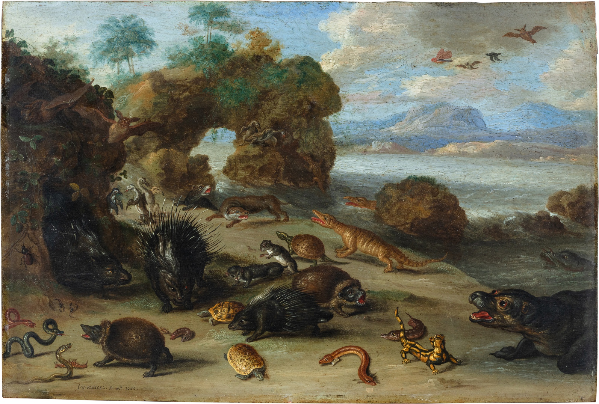 Jan van Kessel — Animaux exotiques sur la berge