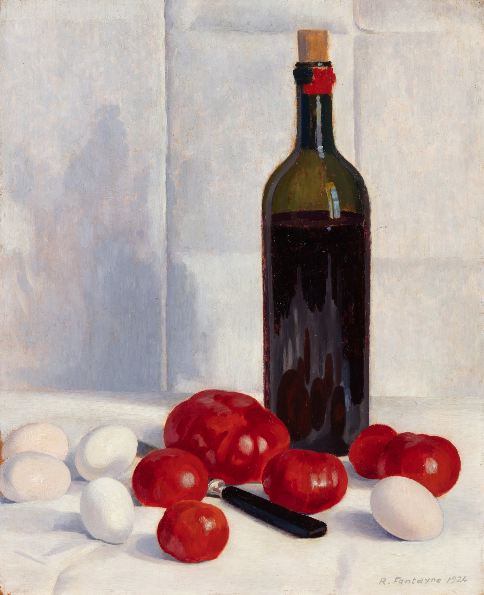 René Fontayne — Nature morte à la bouteille, aux œufs et tomates