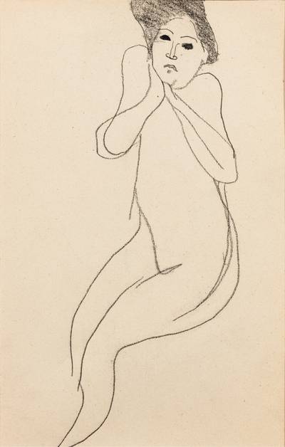 Femme nue de trois quarts vers la gauche étendue sur un canapé, main au menton (recto); Deux têtes d'homme de face dont un autoportrait présumé de Modigliani (verso)