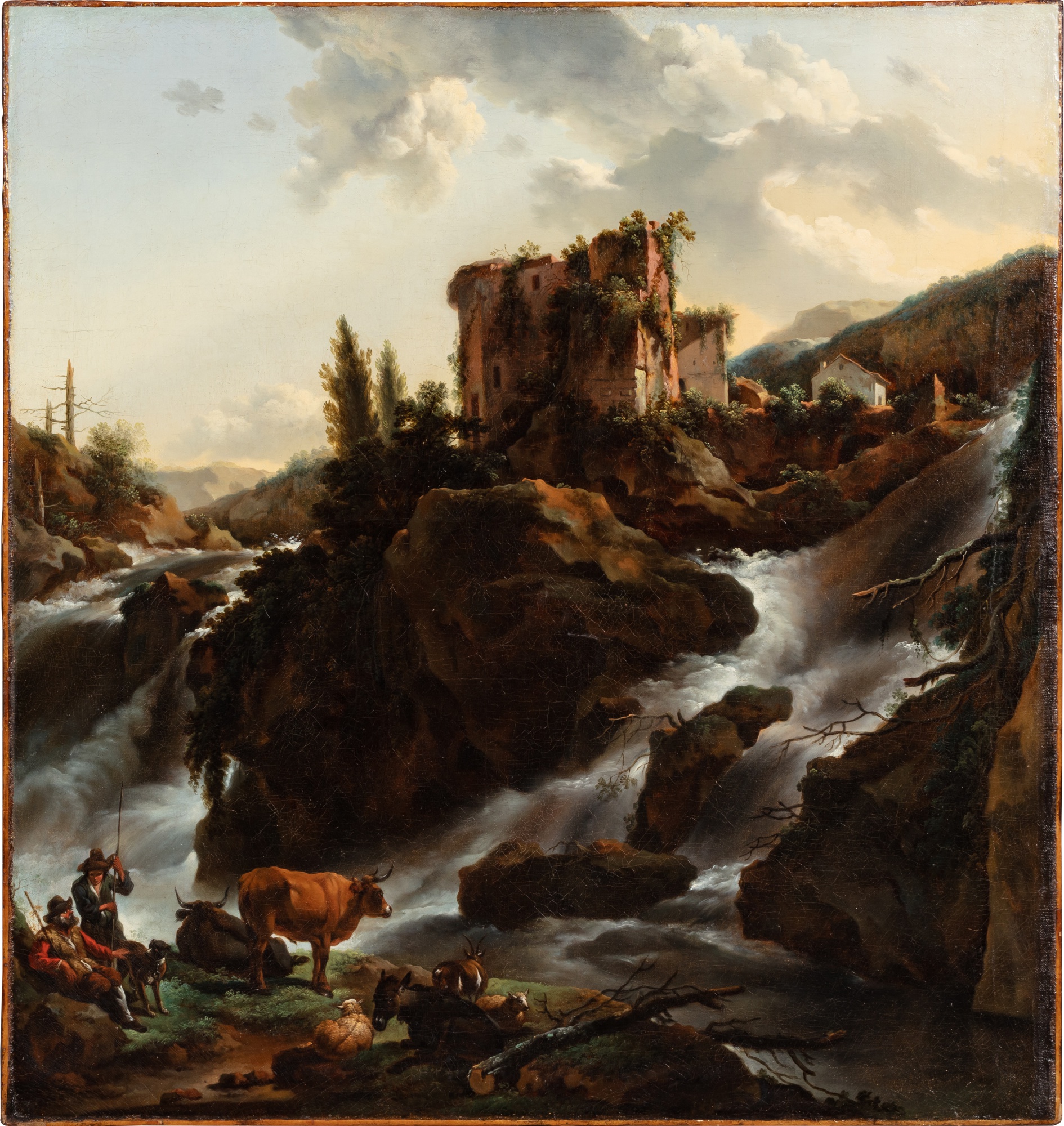 Follower of Nicolaes Pietersz. Berchem, 18th Century — Paysage aux ruines d'un château près d'une cascade
