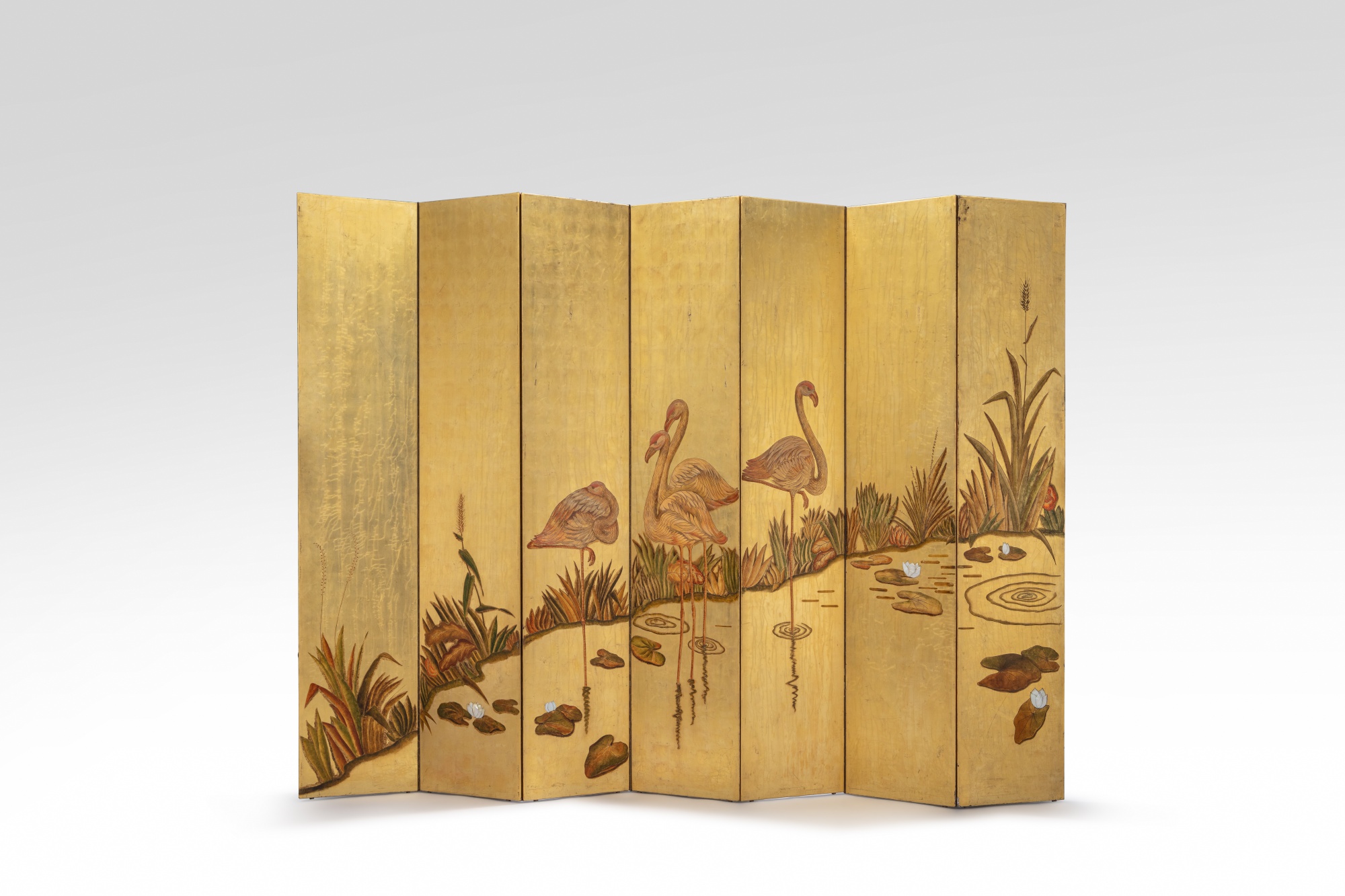 Paravent double face à sept feuilles, Flamants roses et nénuphars et Poissons et nénuphars