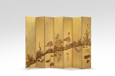 Paravent double face à sept feuilles, Flamants roses et nénuphars et Poissons et nénuphars