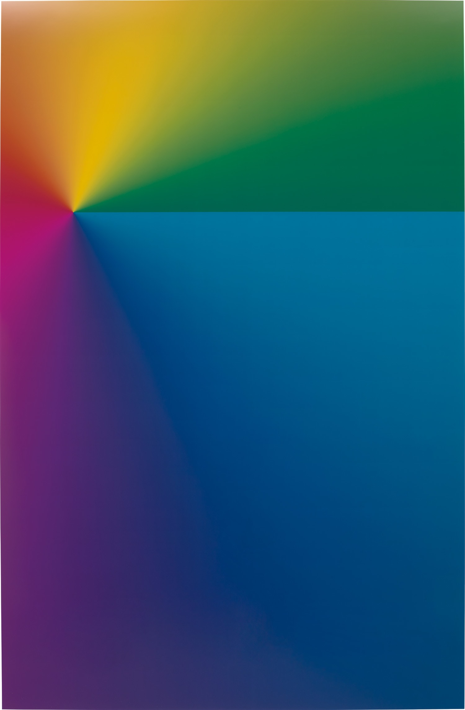 Cory Arcangel — Photoshop CS: 110 by 72 inches, 300 DPI, RGB, square pixels, default gradient "Spectrum", mousedown y=9900 x=3450, mouseup y=990 x=21450