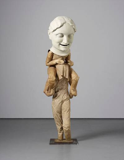 The fgurative sculptures of Spanish artist Juan Muñoz, who is a self-acknowledged storyteller, combine a personal exploration of human experience with a theatricality, synthesizing an emotional calm with the cerebral. Size plays a key conceptual role in all of Muñoz’s sculptures, as the slightly smaller than life-size fgures isolate themselves from the spectator, creating a sense of exclusion from the viewer. However, the present lot carries with it a unique sense of vertical scale, featuring one fgure on the shoulders of another.