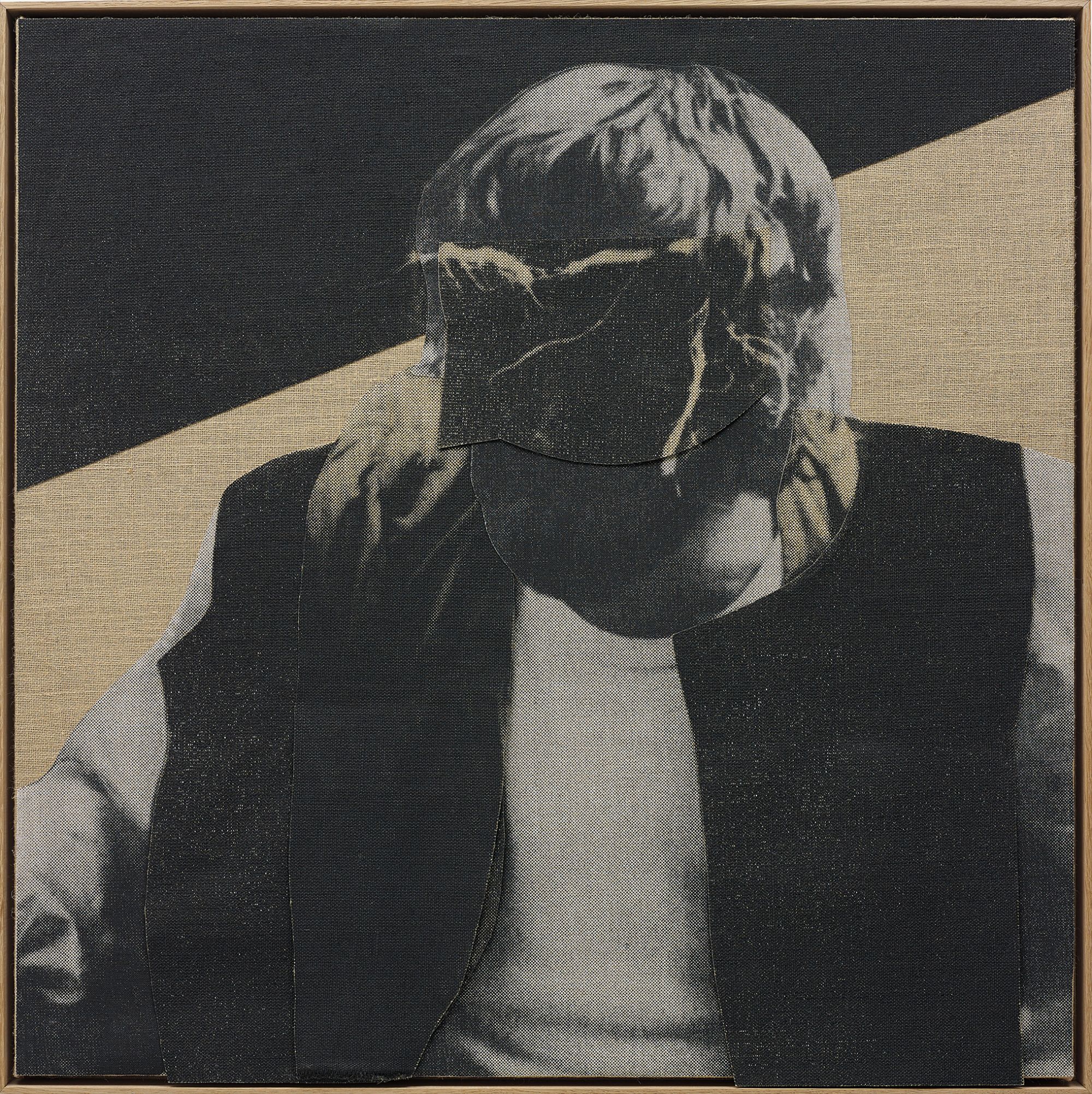 screen printed jute and linen laid on wood, in an artist's wooden frame