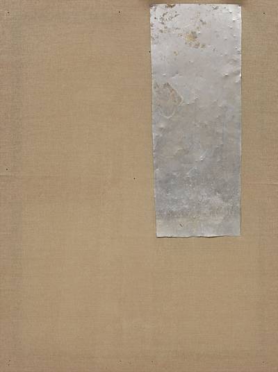 found sheet metal, paint and laquer on polypropylene fabric, hardware