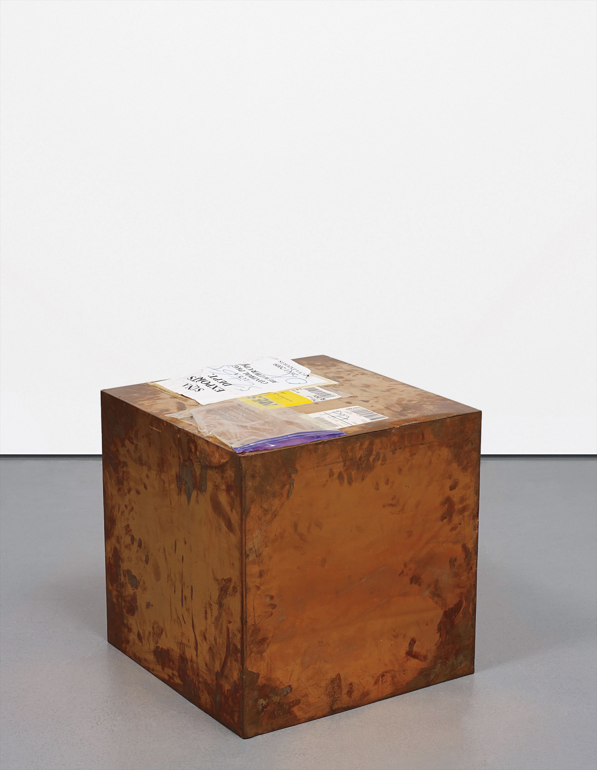 Walead Beshty — 20-inch Copper (FedEx© Large Kraft Box ©2005 FEDEX 330508) International Priority, Los Angeles-London trk#8685 8772 8061, date October 2-6, 2009 International Priority, London-Zurich trk#863822956490, date November 26-December 2, 2009