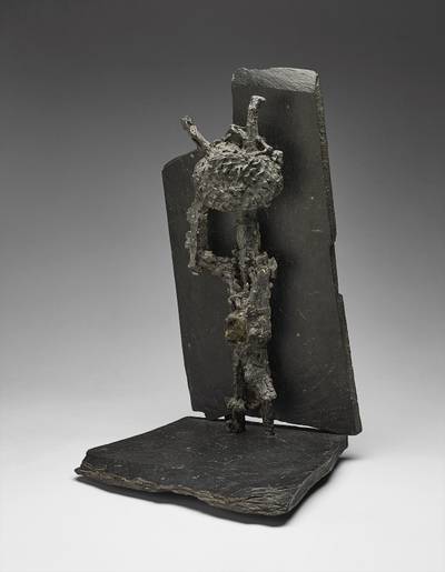 lead and coloured glass, mounted on slate