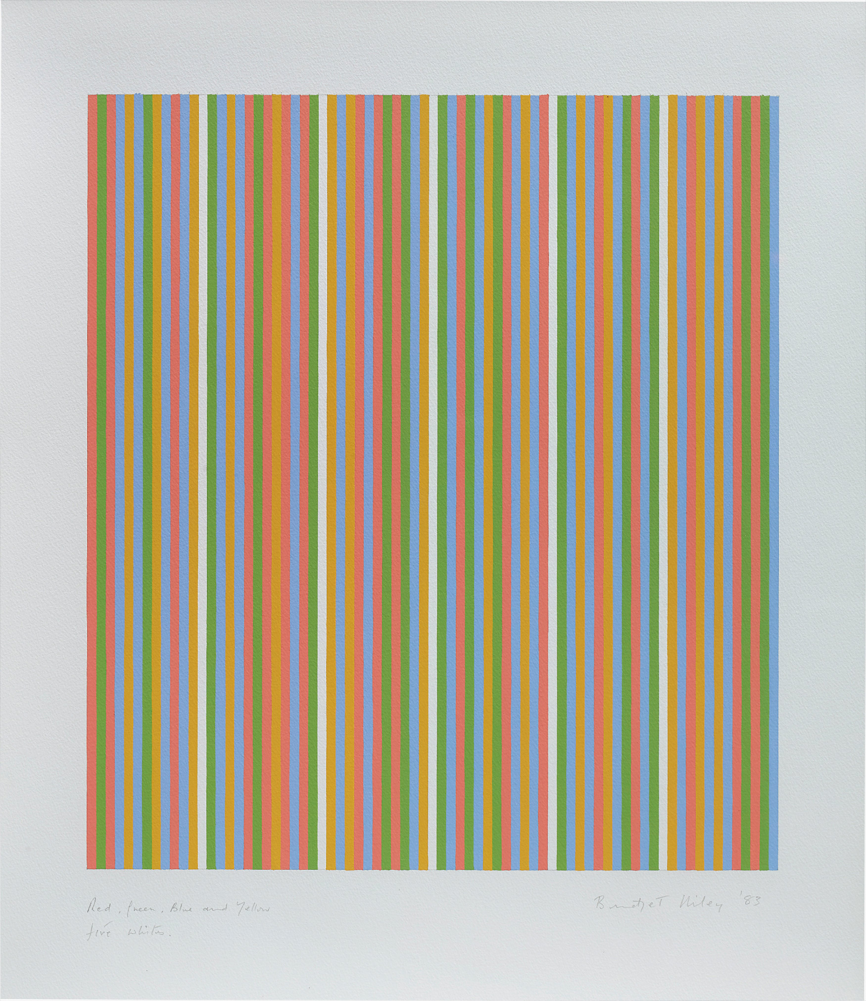 Bridget Riley — Red, Green, Blue and Yellow, Five Whites