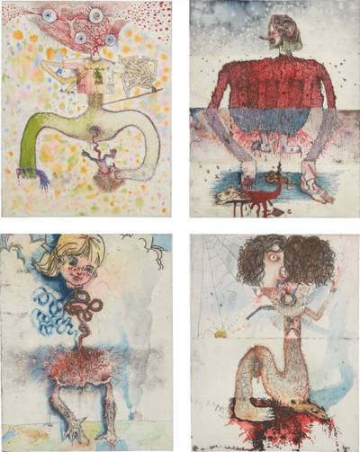 Four works: (i) Fop haired monopod I; (ii) Monster T-shirt I; (iii) Young girl with the spinal column I; (iv) Fuck face I