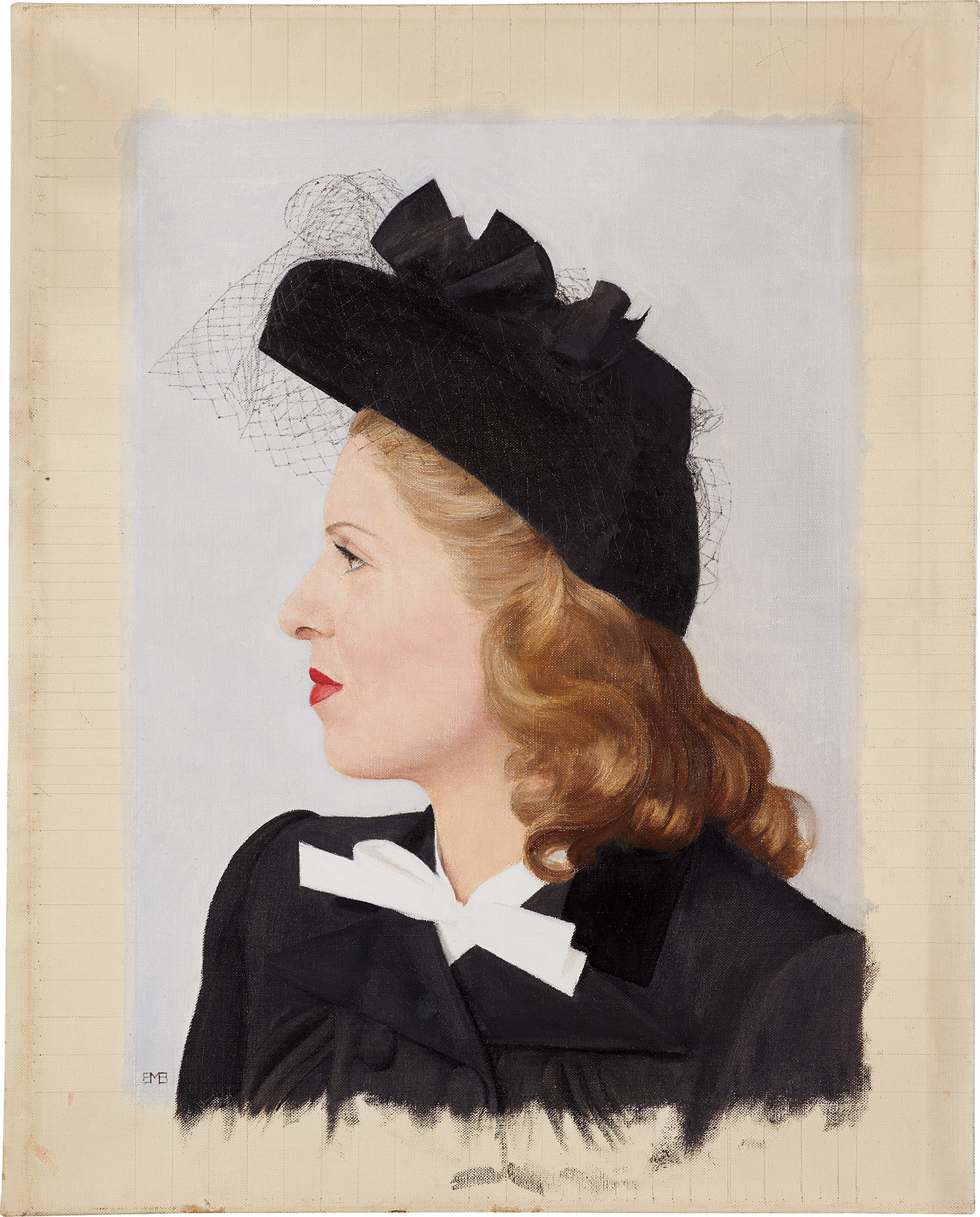 Femme de profil au chapeau noir