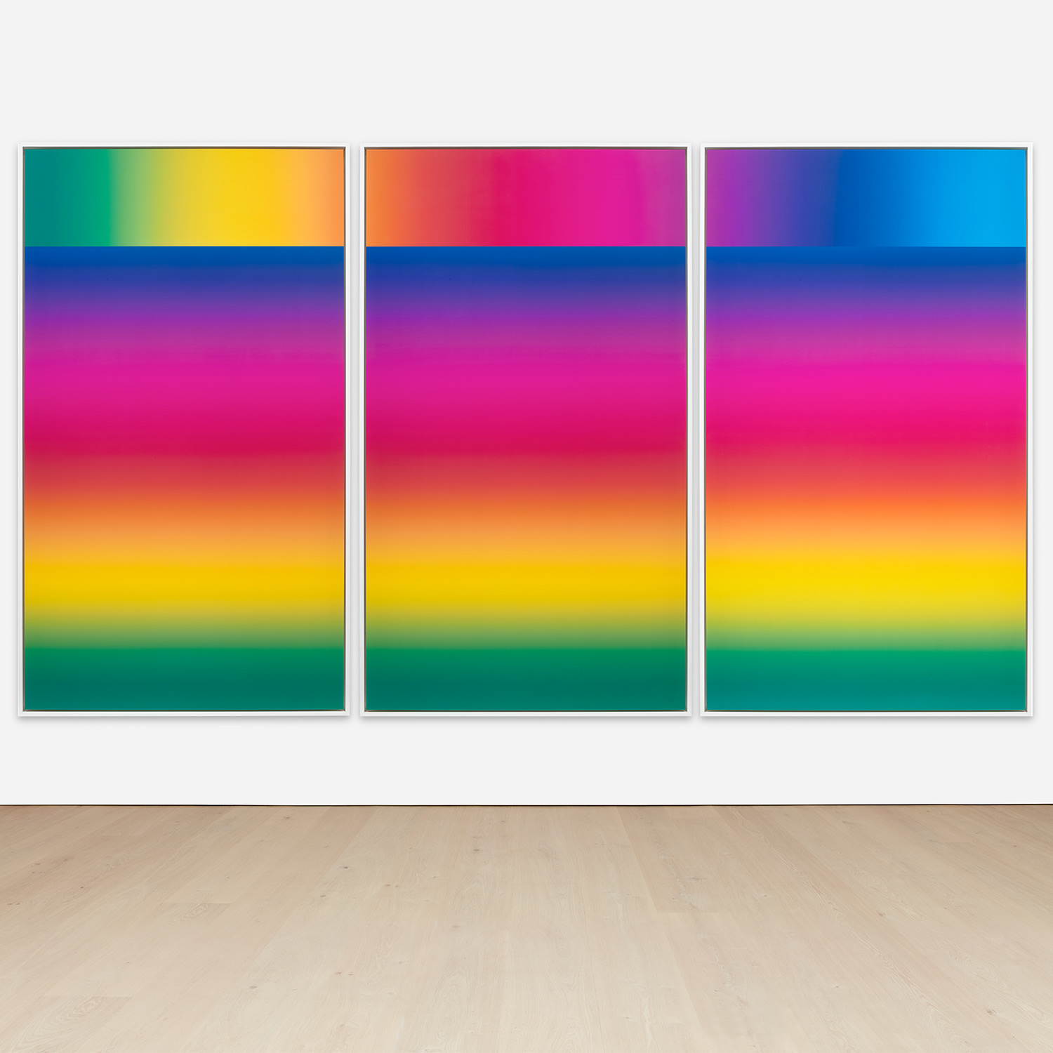 Cory Arcangel — Photoshop CS: 84 by 144 inches, 300 DPI, RGB, square pixels, default gradient “Spectrum”, mousedown y=1200 x=20800, mouseup y=24020 x=20800; tool "Wand", select y=2600 x=20000, tolerance=72, contiguous= off; default gradient "Spectrum", mousedown y=2480 x=41600, mouseup y=2480 x=1200