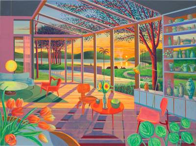 Interior with Sunflowers at Sunset