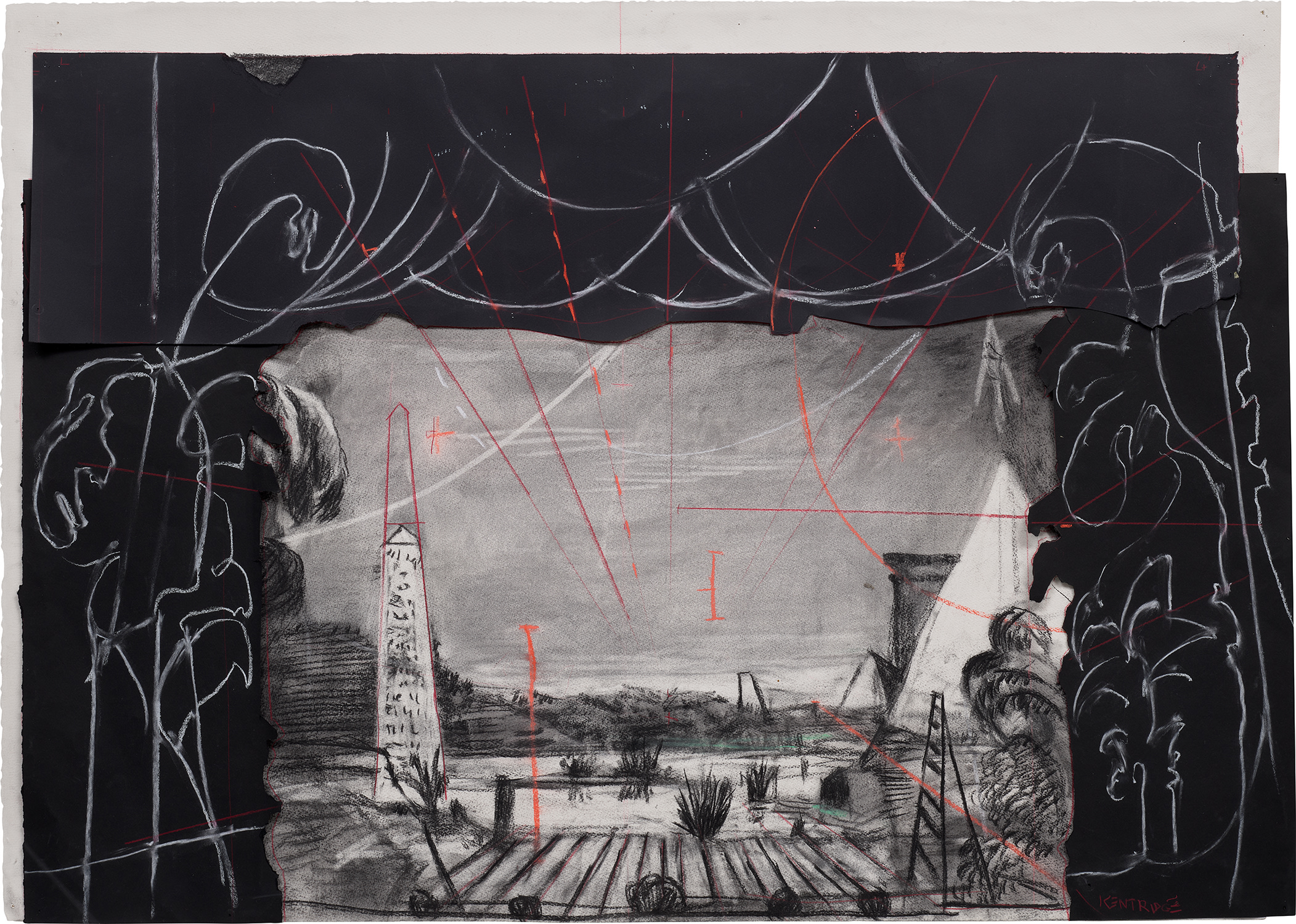 William Kentridge — Drawing from 'Preparing the Flute' (Stage with Black Curtain)