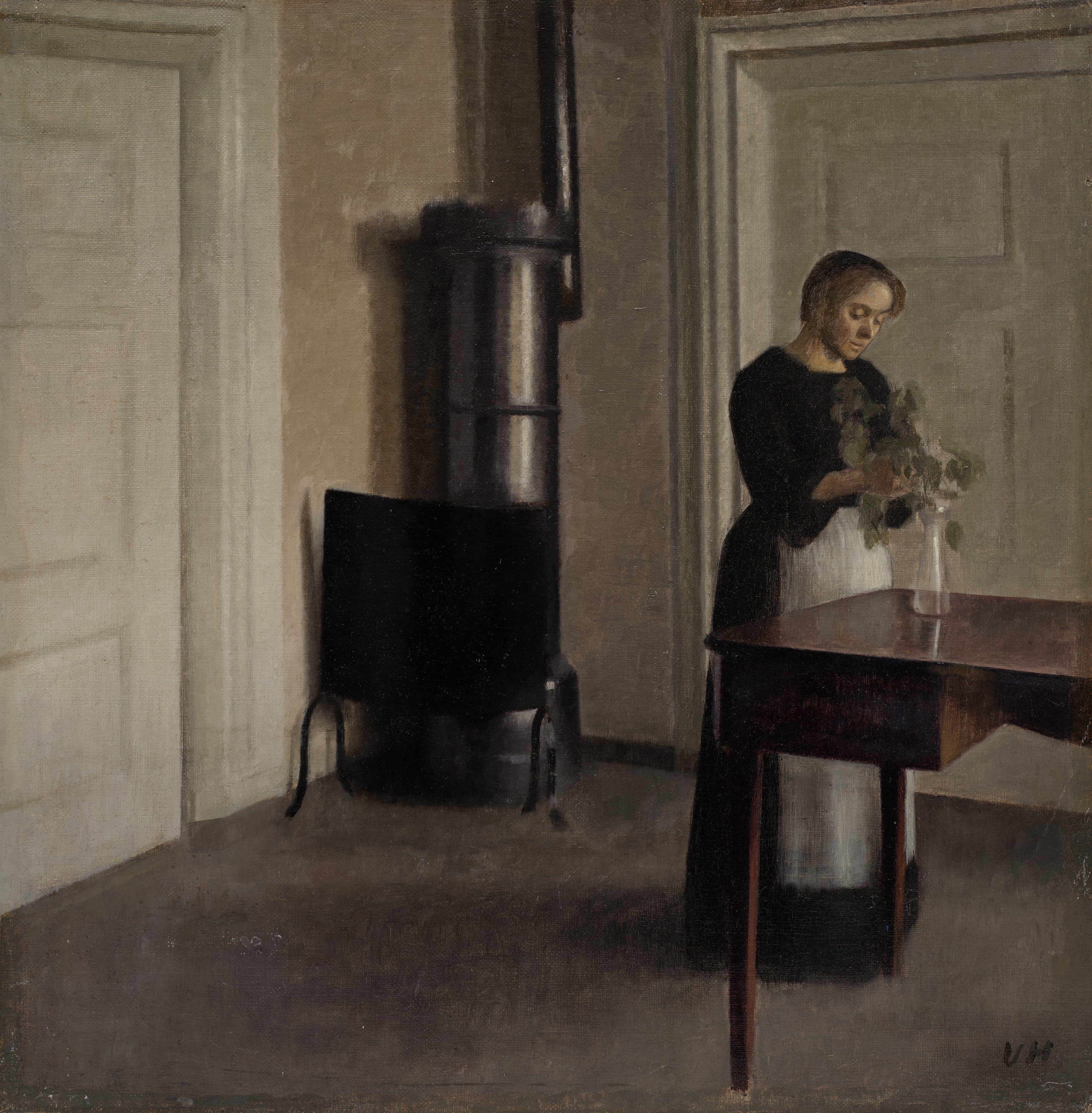 Vilhelm Hammershøi — Interior of Woman Placing Branches in Vase on Table