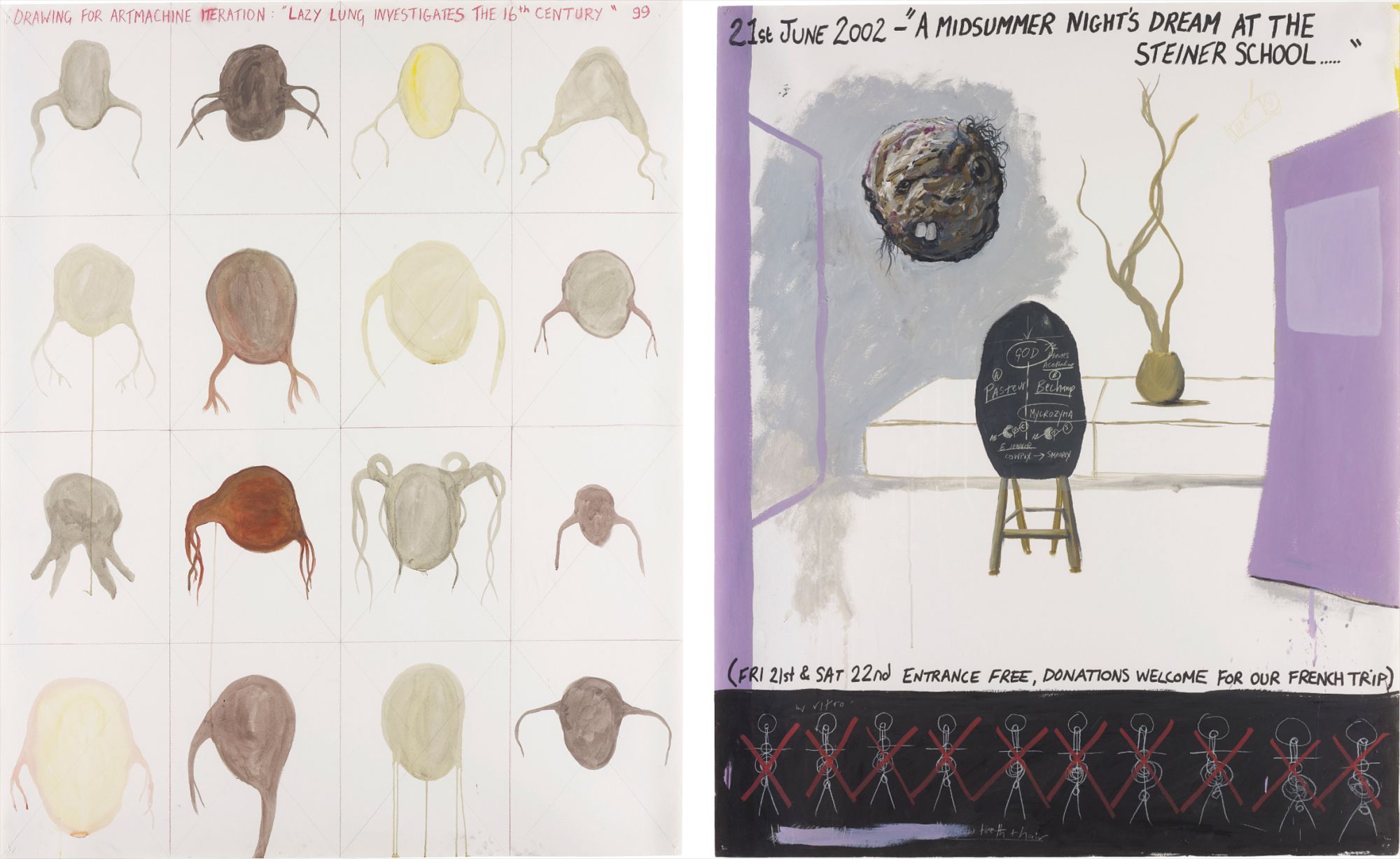 Two works: Studio Wall Drawings (i) Drawing for Artmachine Iteration 'Lazy Lung Investigates the 16th Century', 1999; (ii) A Midsummer Night's Dream at the Steiner School, 2002