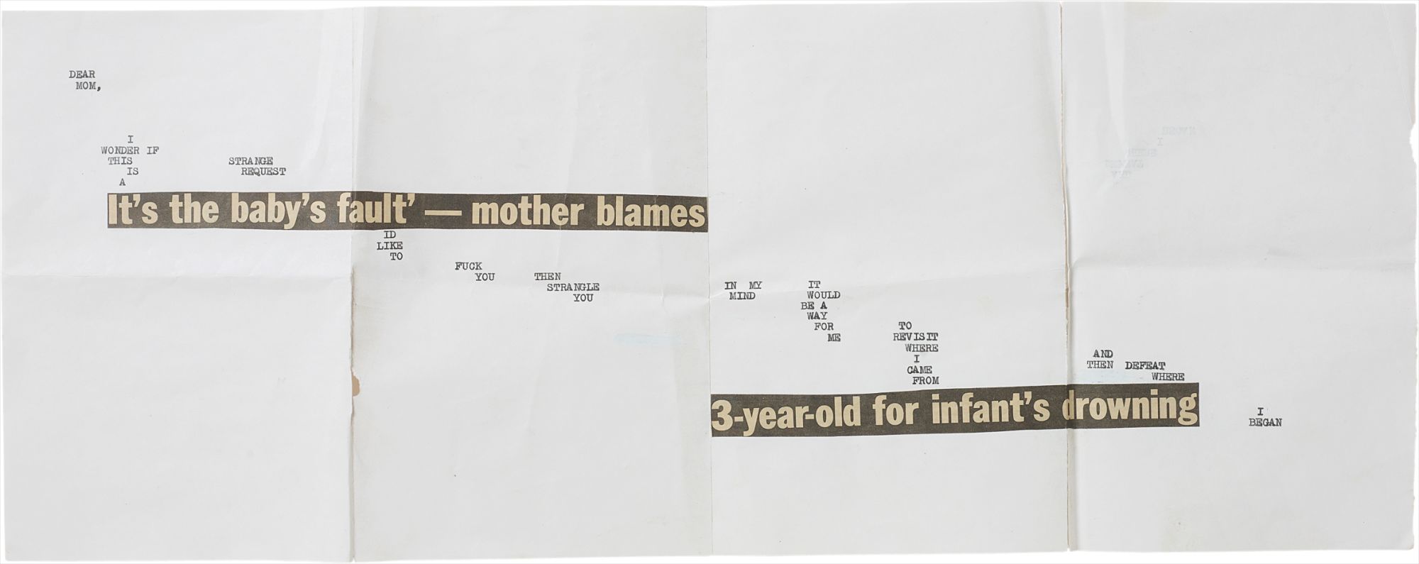 newspaper cutting, Tipp-ex, tape, type written text on vintage book paper