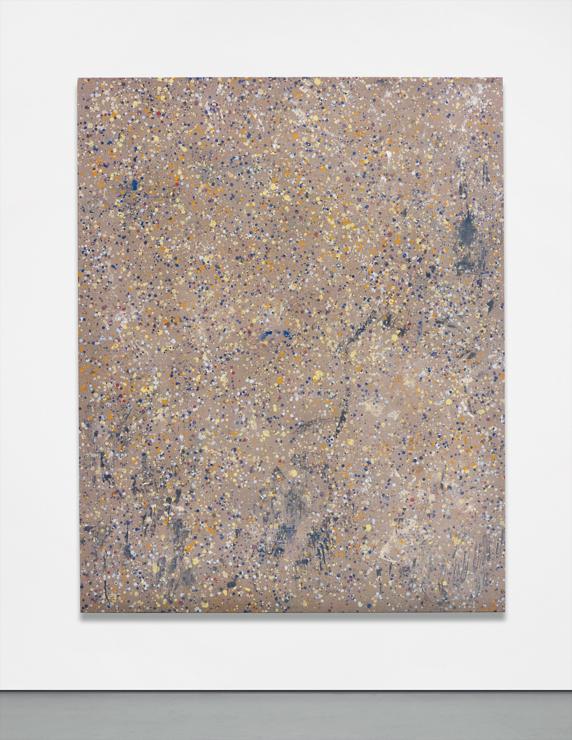 Fredrik Værslev — The present lot, a work from Frederik Værslev’s ‘Terrazzo’ series, exemplifies the artist’s efforts to express artistic process rather than meaning or representation. Produced through a combination of focused studio manipulations, such as paint drips, drops and brushstrokes, as well as through the utilisation of chemical solvents, Værslev then allows the uncontrollable forces of Mother Nature to shape the appearance of his abstracted works. Both production and product are crucial to Værslev’s practice, a focus that is further accentuated through the absence of narrative and an emphasis on the dichotomy of pictorial depth and flatness of surface. By lying each marked, upstretched canvases on the ground outside his studio for six months, Værslev’s creates works that embody a sense of wear and method which is exemplified through the assortment of faint natural and technical stains and markings scattered across the surface of the canvas. Værslev’s endeavours are strictly in the pursuit of art: his works both offer and argue for a redefinition of painting through playful experimentation. By circumventing representation and allowing the intensity of the physicality of the works to perform conceptually, Værslev’s raises questions about how painting could be considered through the message of the medium.“I’m interested in mark-making as a set of moves. If you believe enough in them, in those actions as much as I do, it doesn’t matter so much how they end up." -FREDERIK VAERSLEV