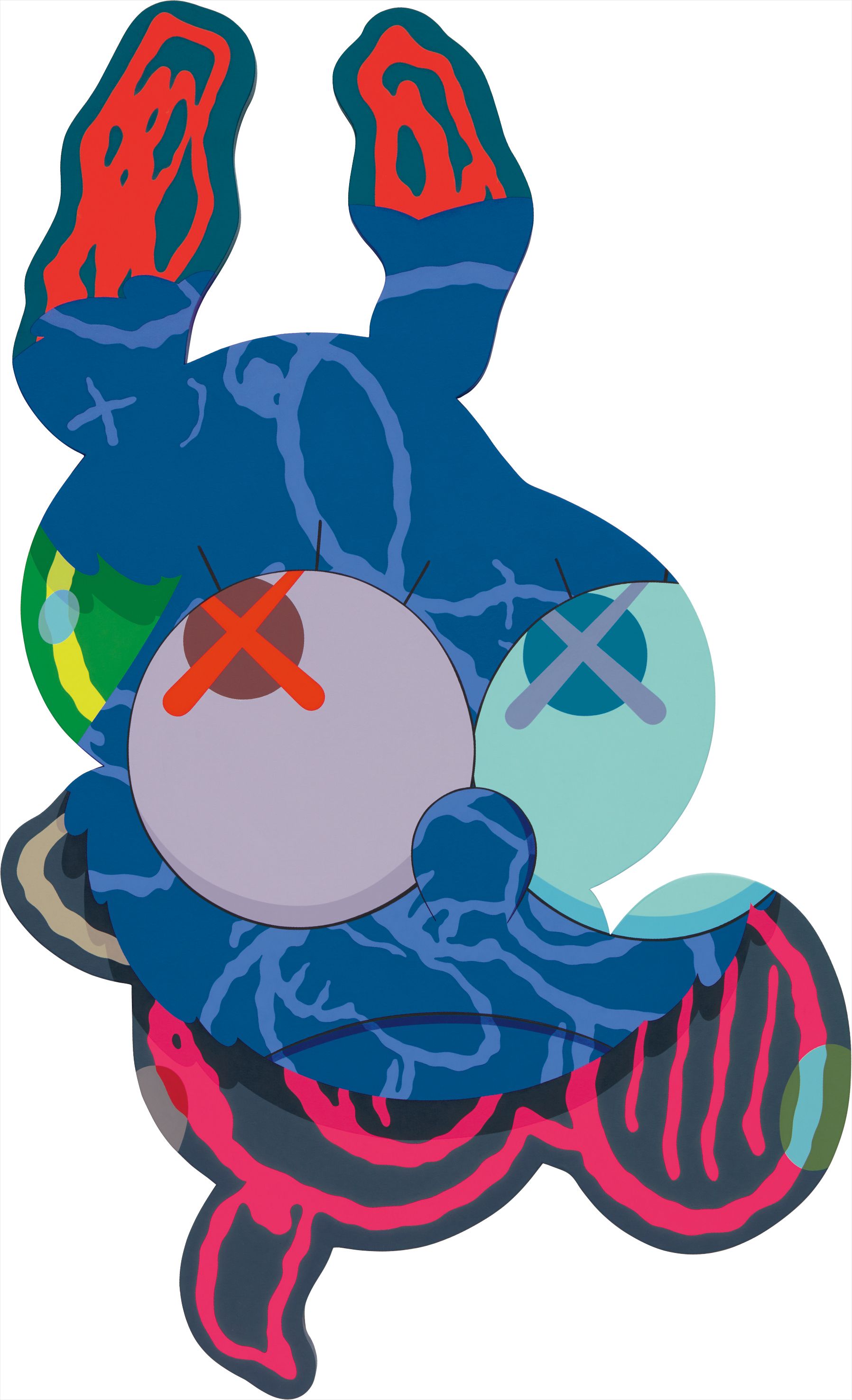 KAWS — Brian Donnelly, better known to contemporary art enthusiasts as KAWS, is a Brooklyn-based artist who, in the last decade, has revolutionised the art world with his large scale sculptures and vibrant paintings, which are deeply rooted in the 1990s street art aesthetics and visual values. KAWS's practice presents some similarities both with the strikingly beautiful aesthetics of Claes Oldenburg and Takashi Murakami, and also his personal fascination with cartoon characters like Bugs Bunny, Mickey Mouse, Tweety Bird and the Michelin Man.