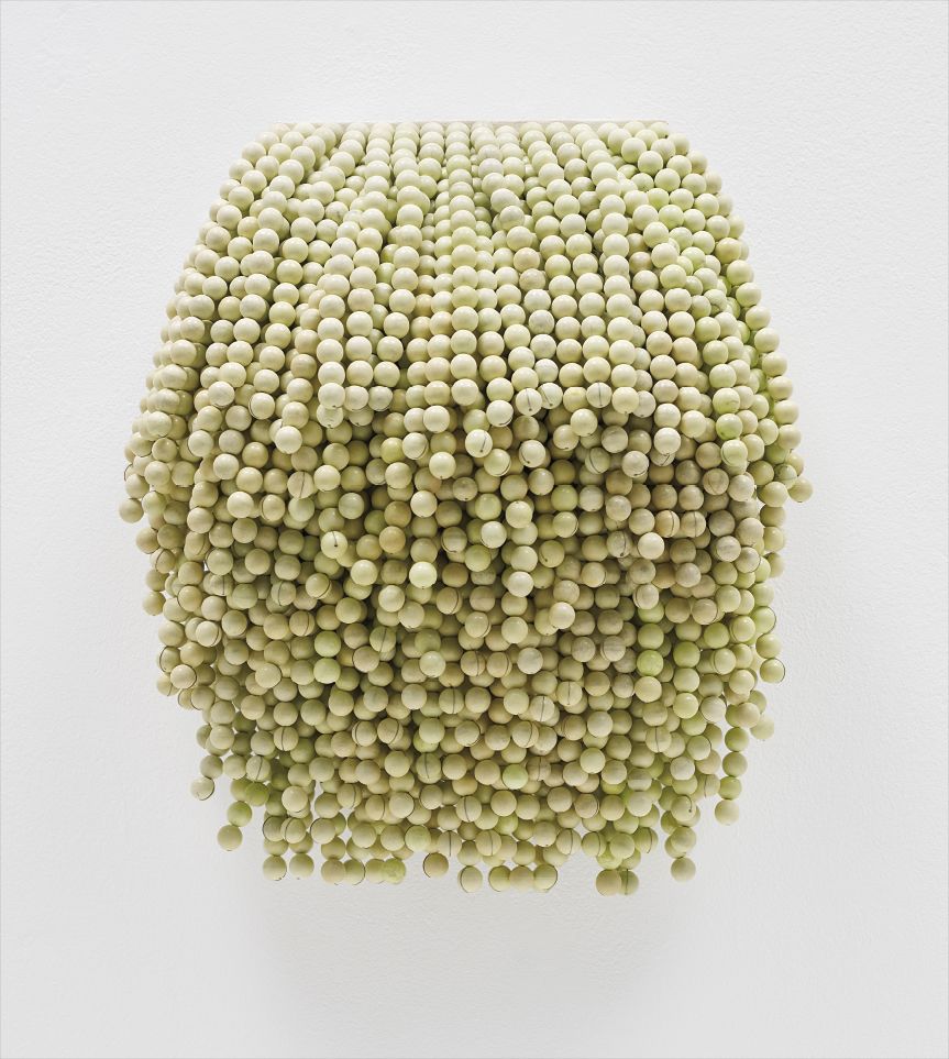 Paola Pivi — Crisoprasio pearls attached to a wooden canvas backing board