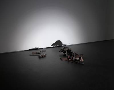 welded scrap metal and light projector, in 3 parts