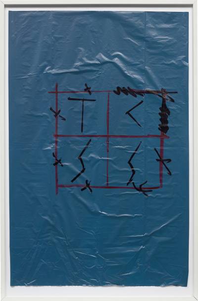 marker pen on plastic bag, in artist's frame