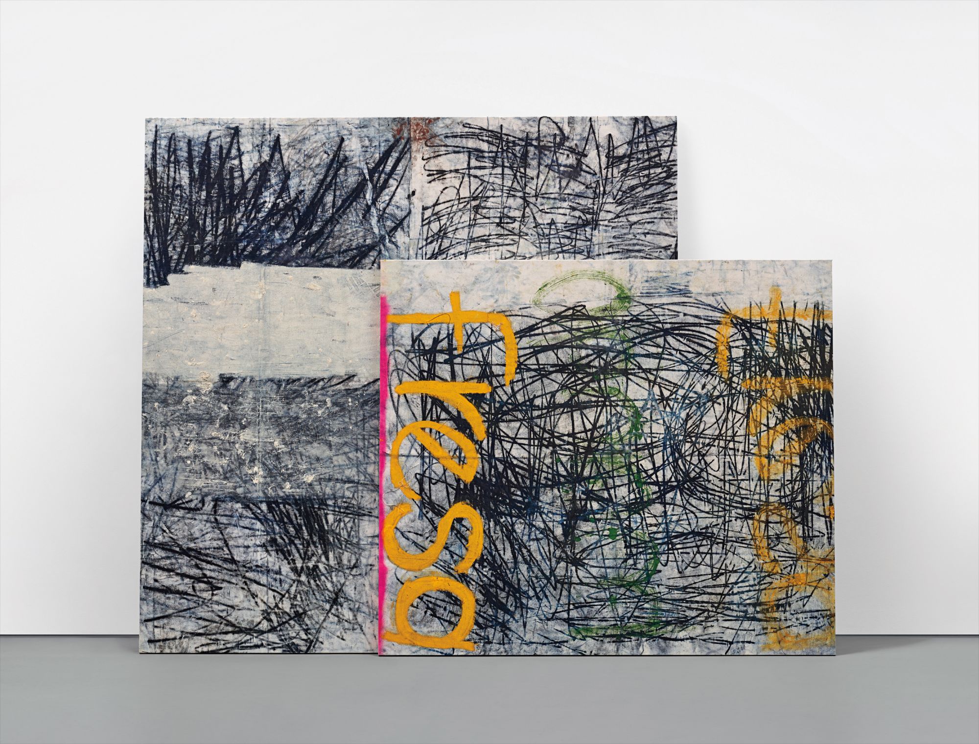 Oscar Murillo — A frenzied throng of lines cascading onto a dual canvas arrangement, Oscar Murillo’s