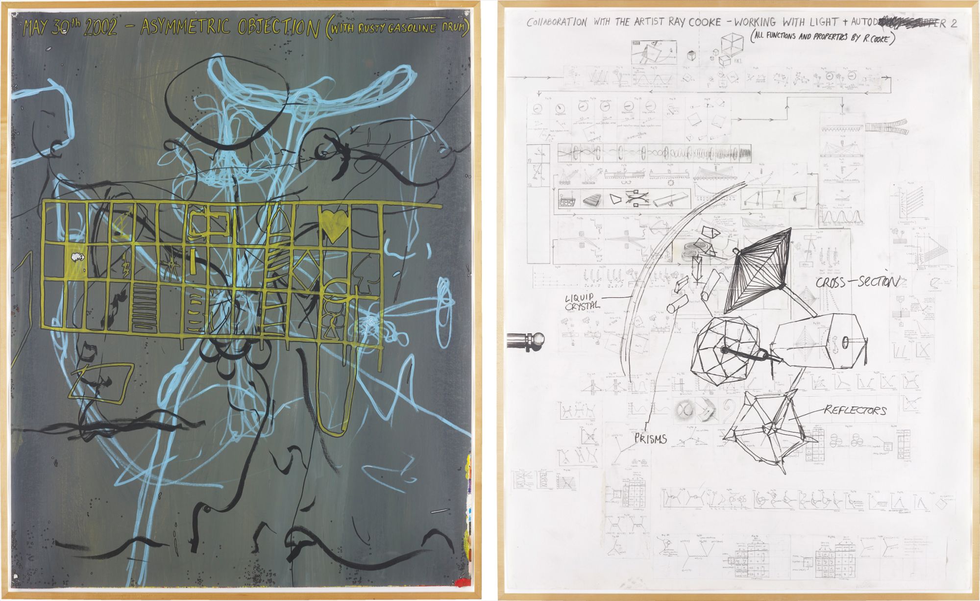 Two Works: Studio Wall Drawings (i) Asymmetric Objection (with rusty gasoline drum); (ii) Collaboration with the artist Ray Cooke-Working with Light and Auto DR 2