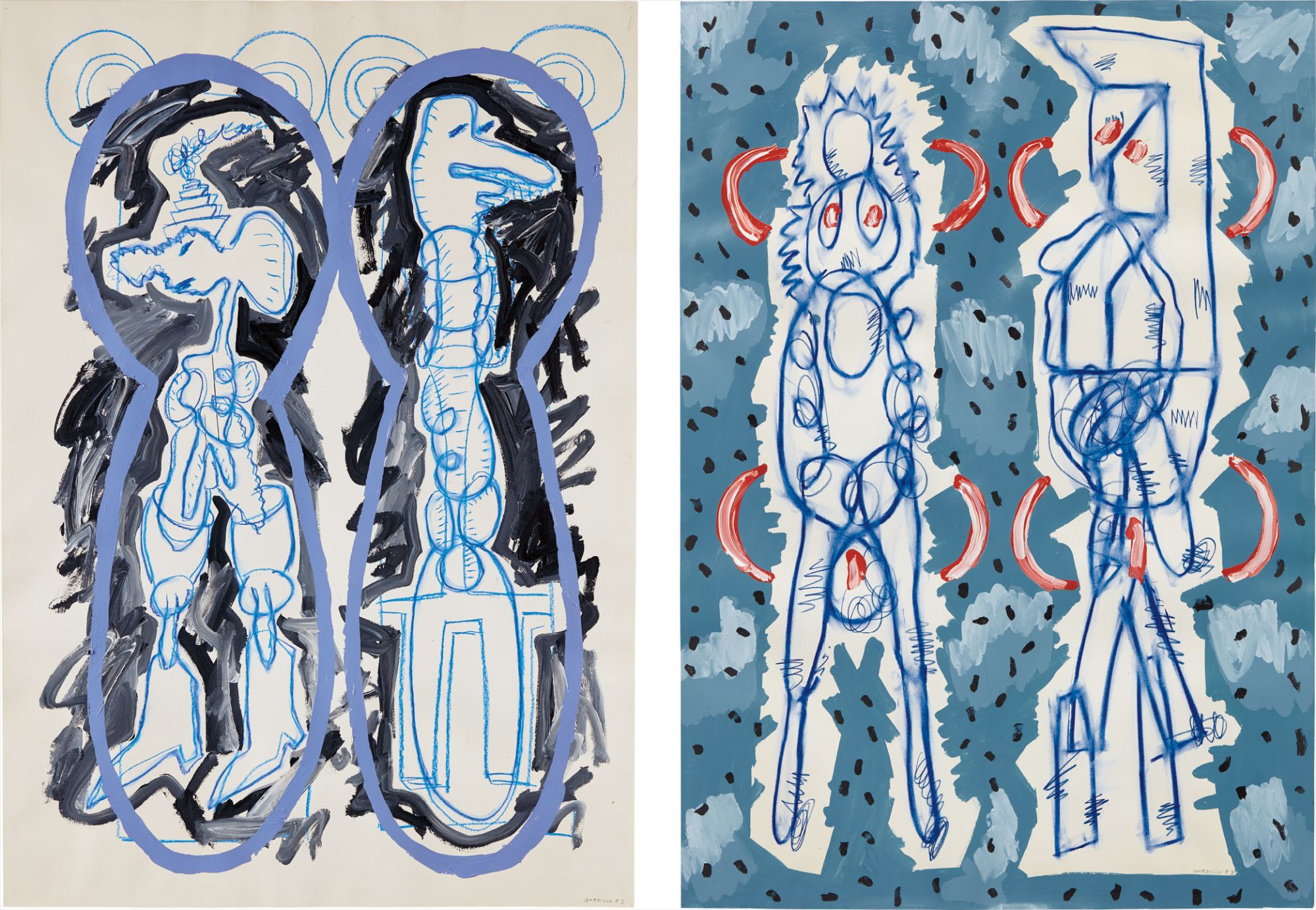 Luis Gordillo — Two works: (i) Adam y Eva con Fundo Negro (ii) Adam y Eva con Parentesis Rojos