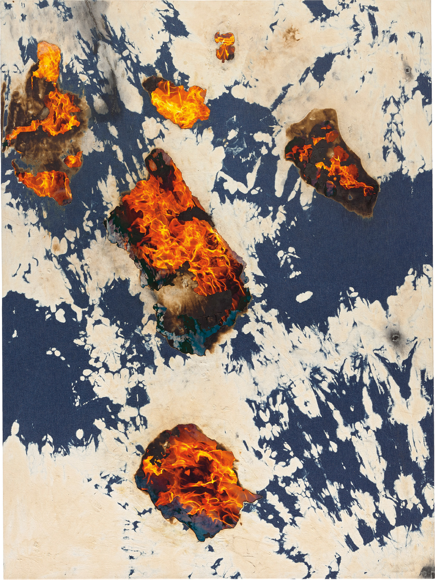 Korakrit Arunanondchai — burnt bleached denim and inkjet print on canvas