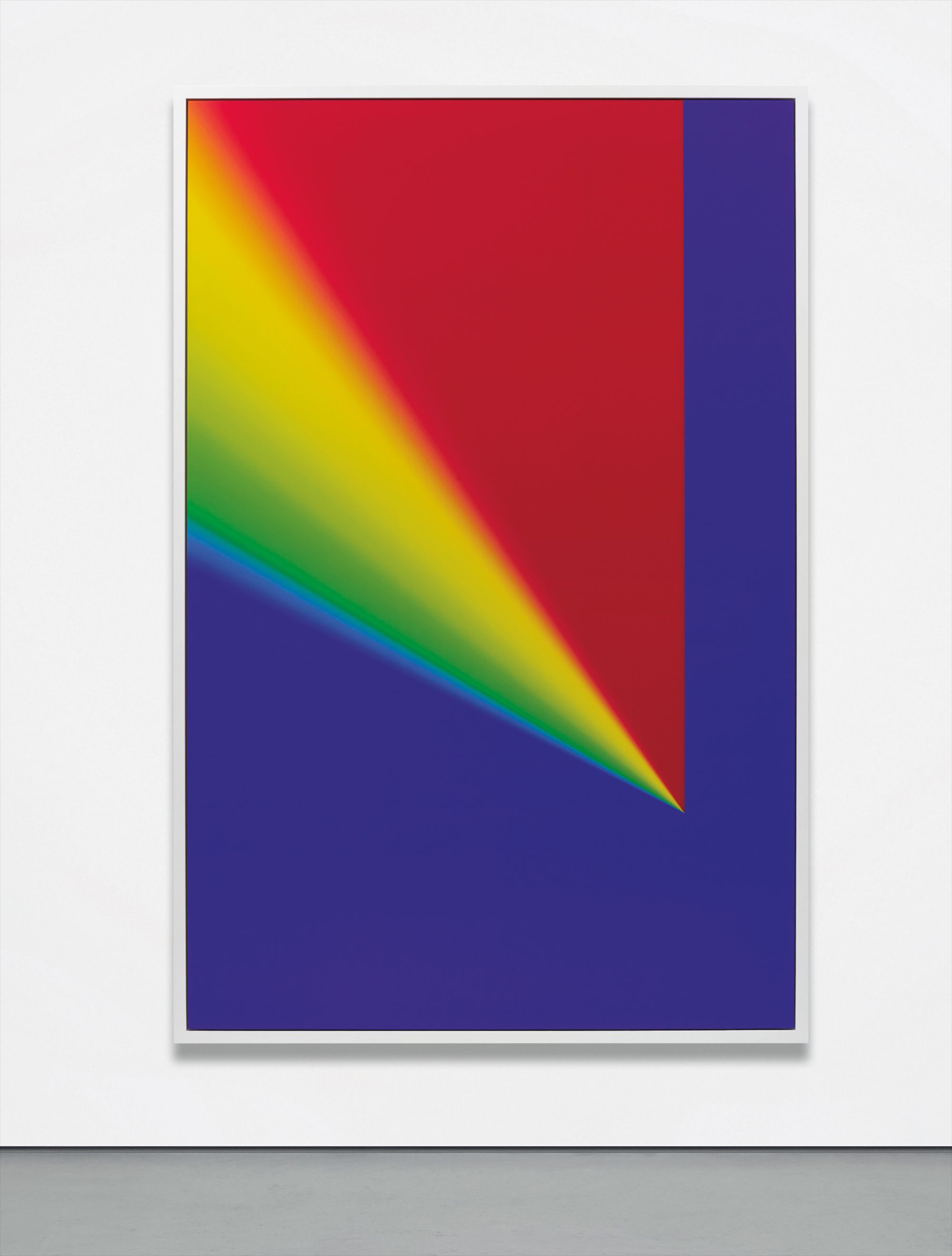 Photoshop CS: 110 by 72 inches, 300 DPI, RGB, square pixels, default gradient "Russell's Rainbow" (turn transparency off), mousedown y=25300 x=17600, mouse up y=4300 x=17600