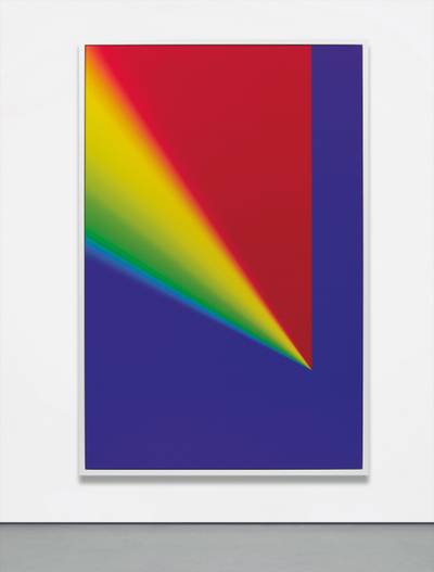 Photoshop CS: 110 by 72 inches, 300 DPI, RGB, square pixels, default gradient "Russell's Rainbow" (turn transparency off), mousedown y=25300 x=17600, mouse up y=4300 x=17600