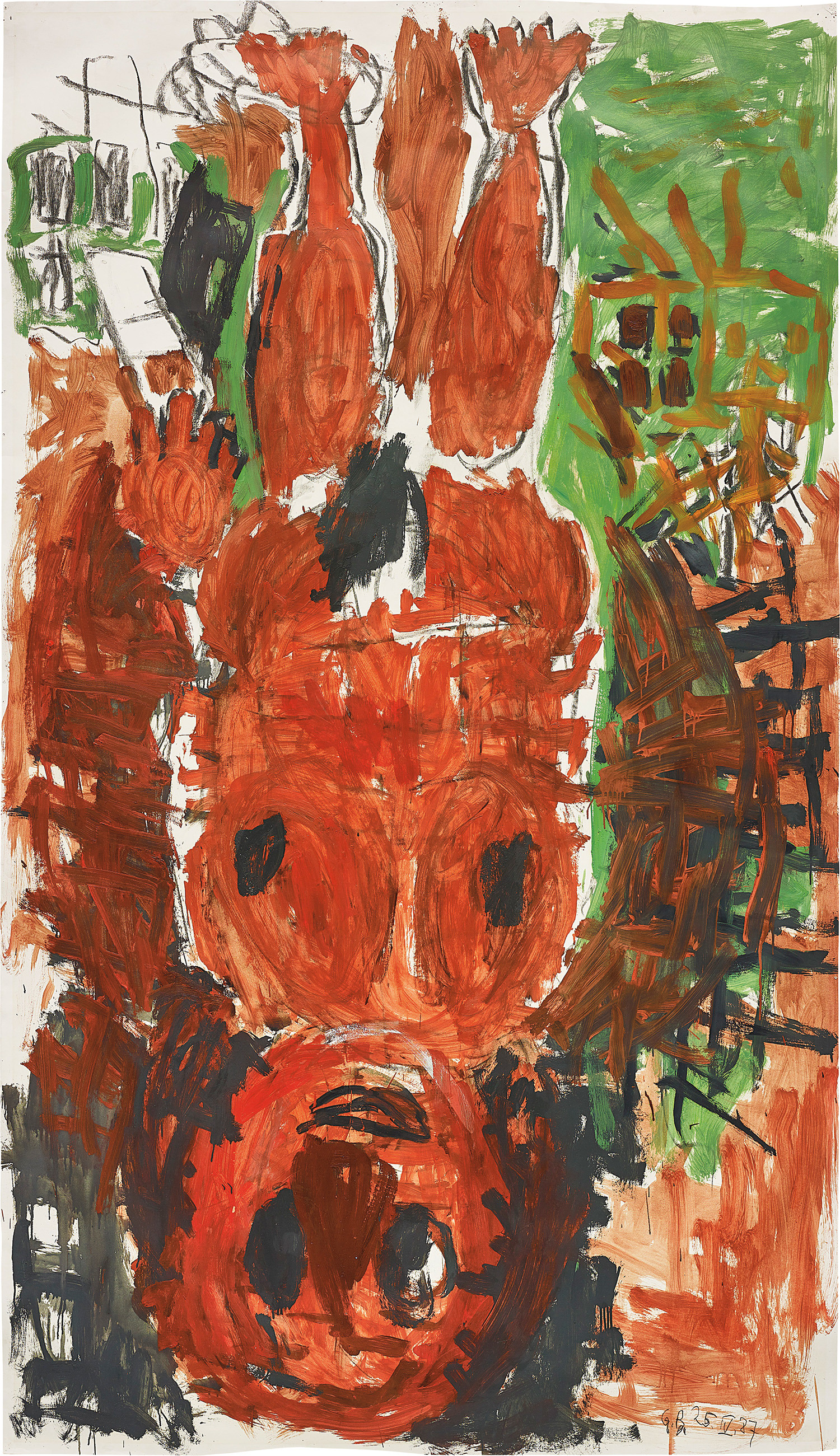 Georg Baselitz — A painterly manifestation of Georg Baselitz’ esteemed pictorial strategies, the present work is an expansion of the artist’s characteristic inversion technique. With purposefully rough brushwork and a bold palette,
