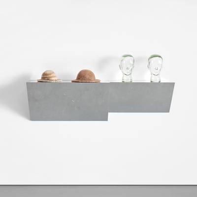 chrome laminated wood shelf, 2 felt hats and 2 glass heads