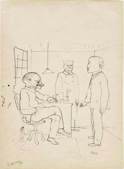 Manner im Raum. Illustration ''100% Roman eines Patrioten'' von Upton Sinclair (double-sided)