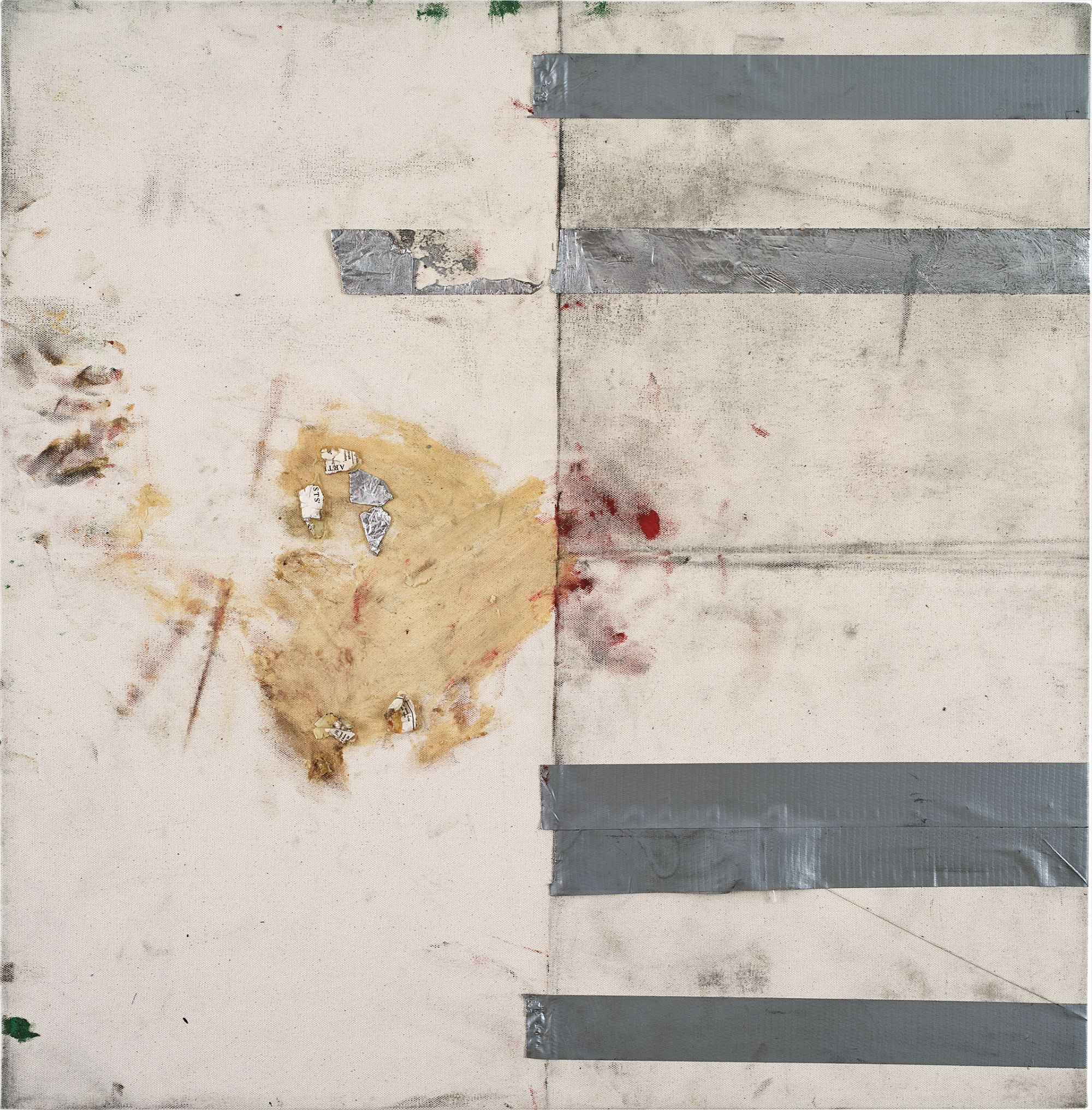 tape, oilstick, dirt on canvas