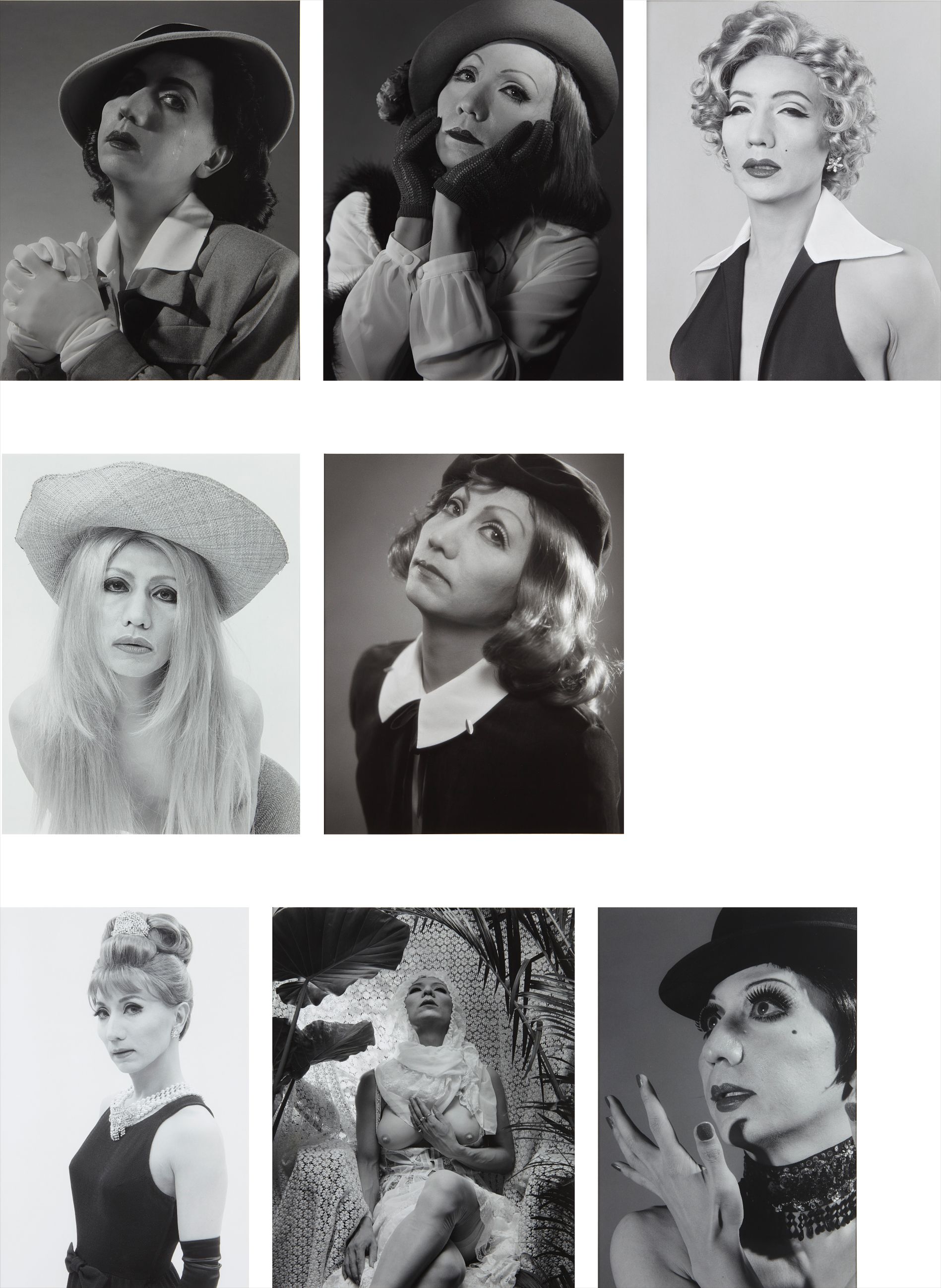 Yasumasa Morimura — Eight Works: i) Self-Portrait (b&w)/After Liza Minnelli ii) Self-Portrait (b&w)/After Sylvia Kristel, iii) Self-Portrait (b&w)/After Brigitte Bardot, iv) Self-Portrait (b&w)/After Greta Garbo v) Self-Portrait (b&w)/After Ingrid Bergman, vi) Self-Portrait (b&w)/After Audrey Hepburn, vii) Self-Portrait (b&w)/After Greta Garbo 2, viii) Self-Portrait (b&w)/After Marilyn Monroe