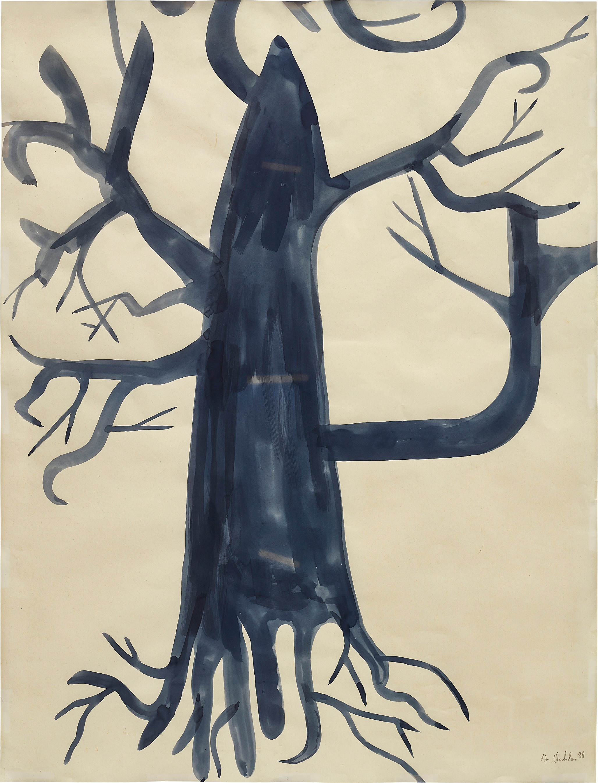 Albert Oehlen — A reoccurring motif throughout Albert Oehlen’s extensive and divergent oeuvre, the tree motif acts as a conceptual foundation upon which the artist developed a profound reflection of representation and abstraction. Simplified in their composition, the present works contain bold signifiers, such as a thick trunk and tangled branches, which mirror the twisting roots below. The absence of background liberates the trees from their natural setting in a traditional landscape painting. Instead the forms float within the expanse of the picture plane. Oehlen’s characteristic shift from figuration is further emphasised by the monochrome colour palette, the trees are demarcated using thick expressive brushstrokes demonstrative of the artist’s preference to portray the process by which artworks are made. The limited palette prevents any tonal distraction and encourages the spectator to enter into a state of sublimity, triggered by the organic tree forms. Concerned with the subjectivity of aesthetics, the artist notes, ‘what I see are unbearably ugly tatters, which are then transformed at the last moment, as if by magic, into something beautiful’ (Albert Oehlen quoted in ‘Albert Oehlen im Gespräch mit Wilfried Dickhoff und Martin Prinzhorn’, Wilfried Dickhoff, ed.,