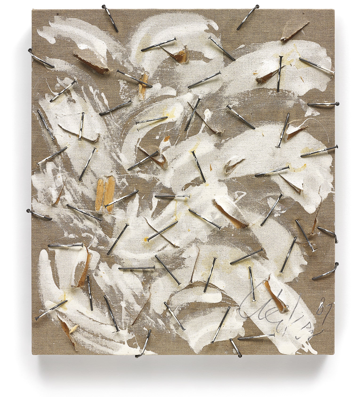Günther Uecker — nails, adhesive and emulsion paint on canvas laid on panel