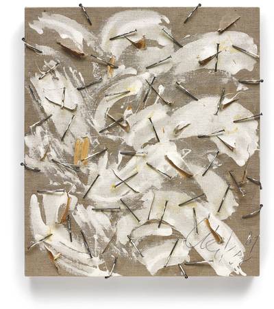 nails, adhesive and emulsion paint on canvas laid on panel
