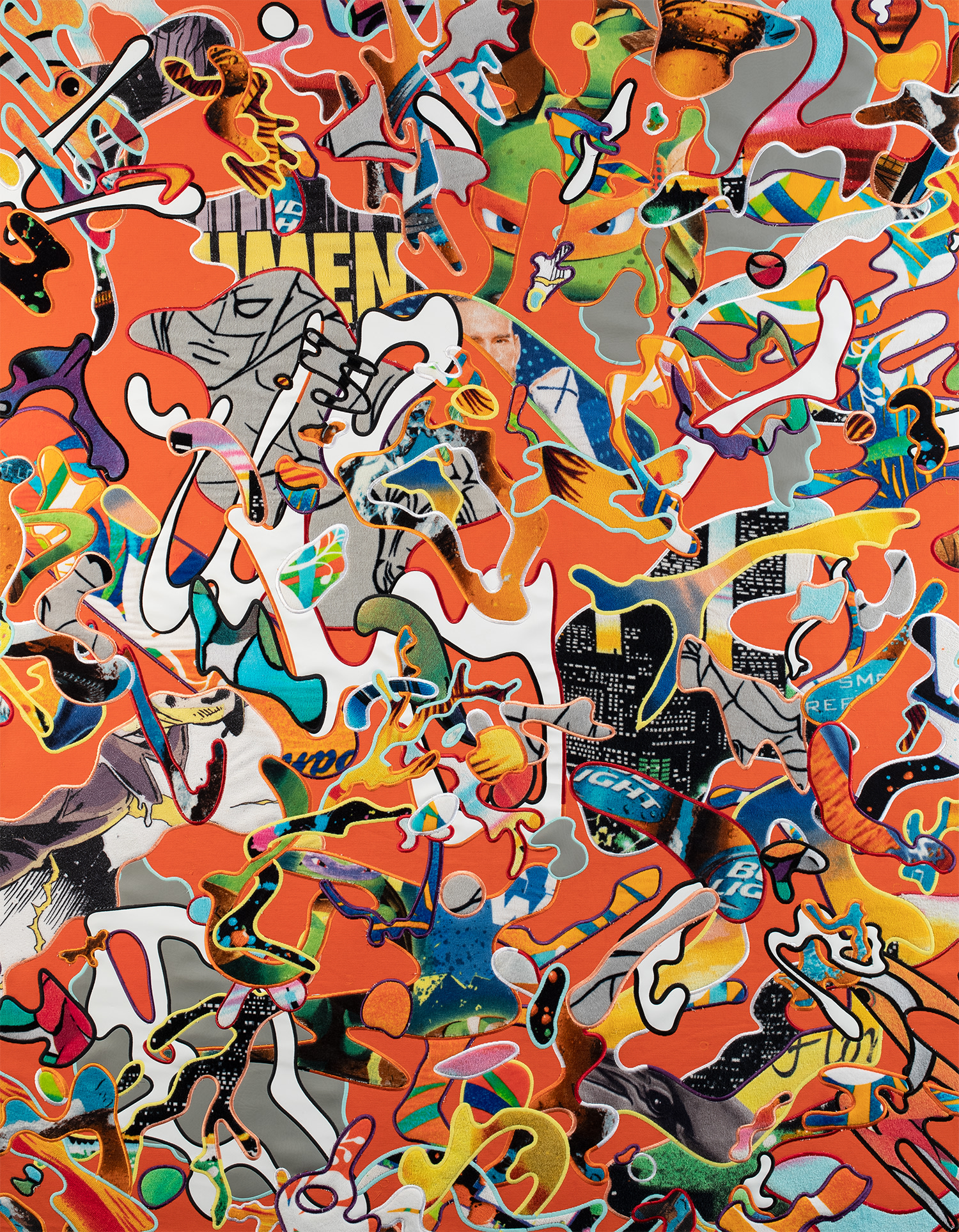 beach towels, vinyl and embroidery on canvas