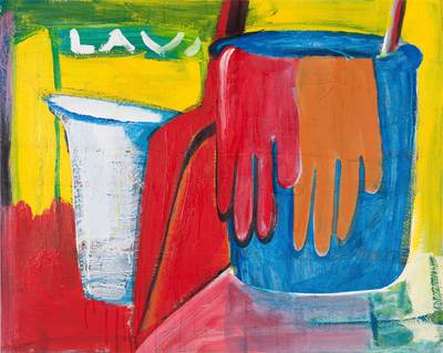 o.T. (Eimer mit Gummihandschuhen)