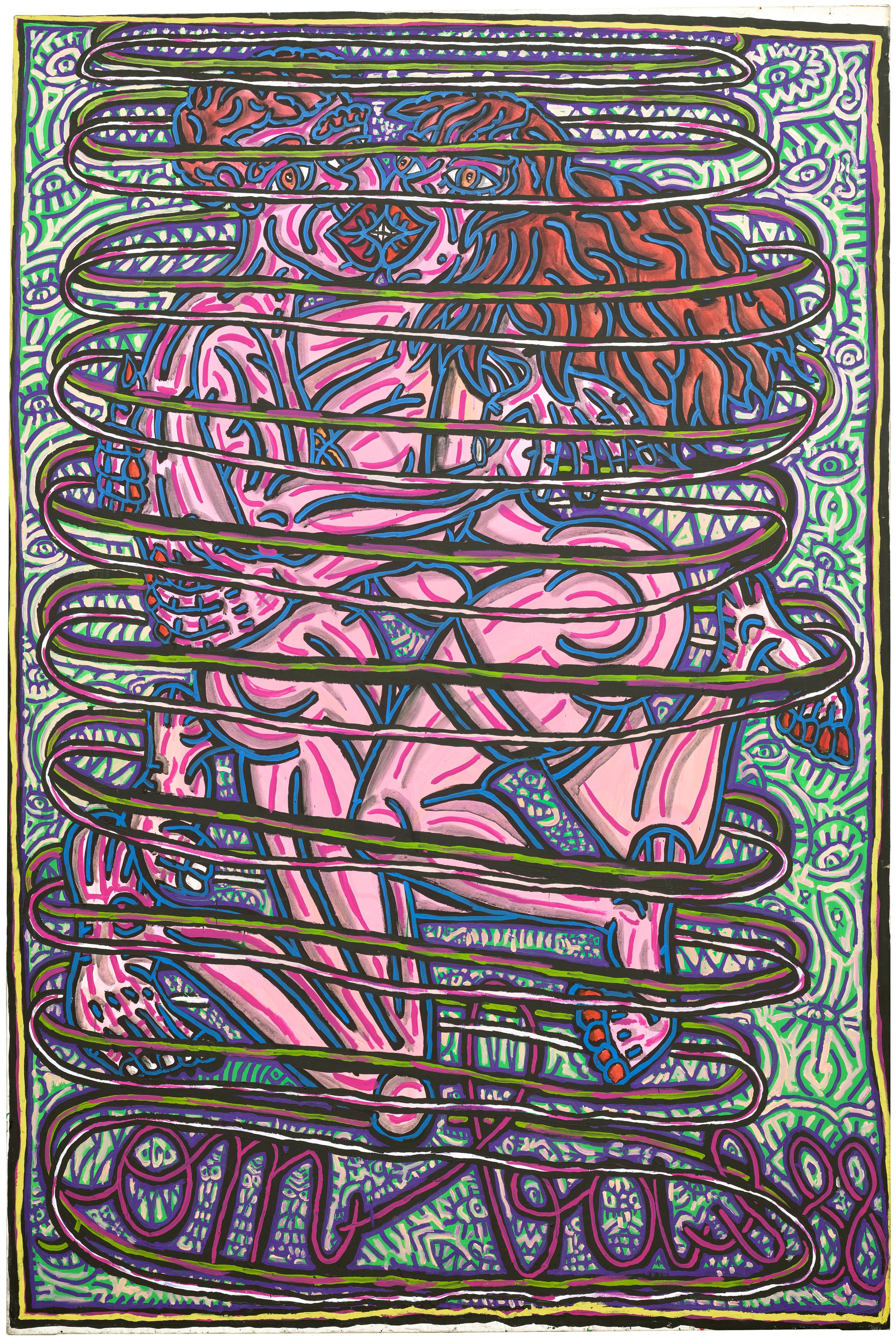 Robert Combas — Robert et Geneviève font la danse de Sain Guy, ils tournent en faisant des petits bonds. Ils s'enivrent de la tête tournée du fait de valser en valsant. Car ils dansent la valse à "genoux les jambes" : des fois se relever et sauter, puis s'embrasser sur les joues puis se remettre sur pied, et crier "J'ai froid aux tétés ou j'ai la gangrène au vié", puis se retirer aussi sec de là où on est. Tout ça, toujours en tournoyant comme des interprètes d'opéra à la pile Wonder.