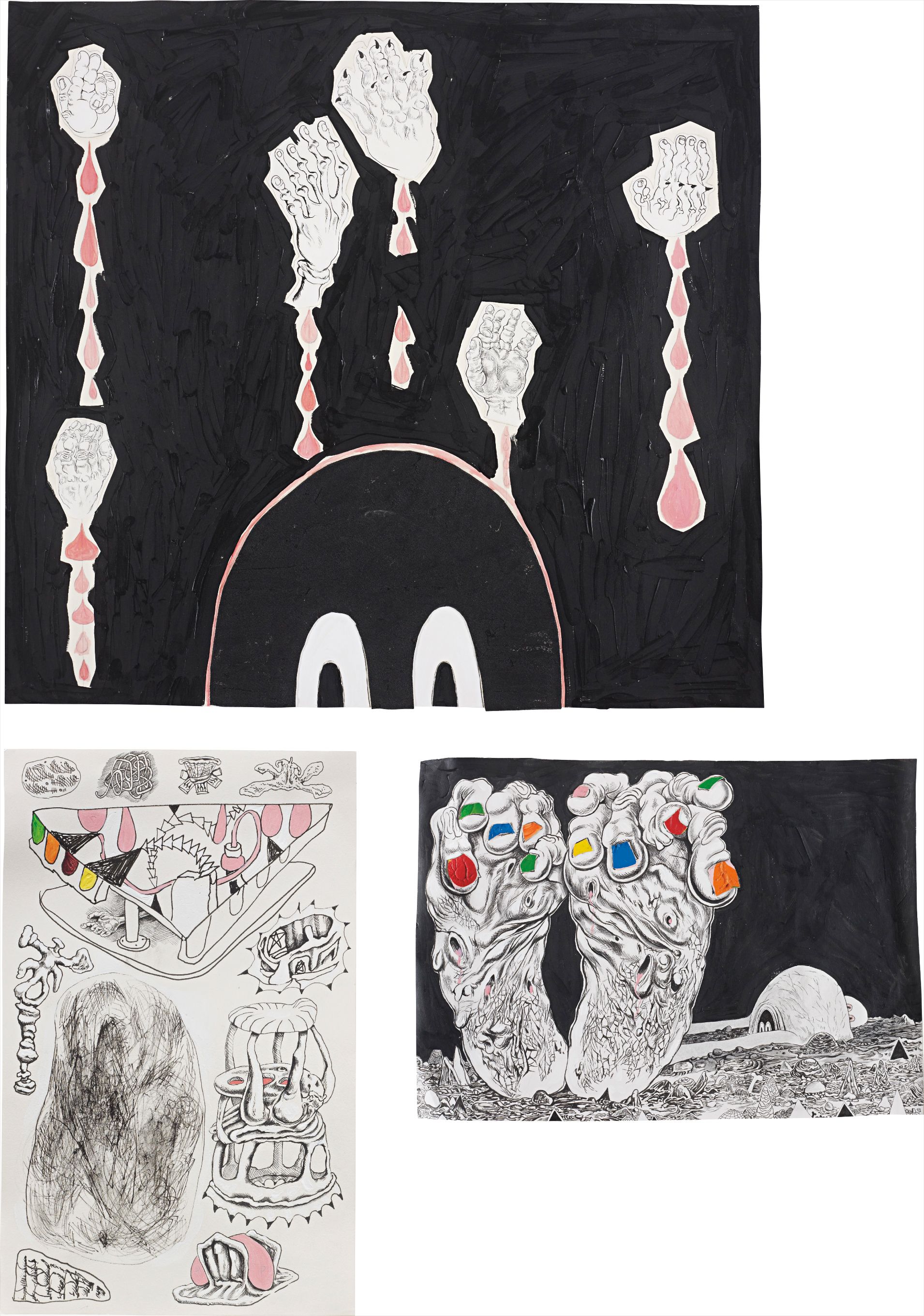 Three works: (i) Darkness Baby with Dead Hands, 2007; (ii) FEEEET, 2007; (iii) Various Ossi-Units and Good Vegan Detritus #2, 2007