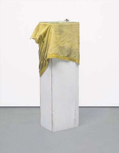 plywood plinth, towel, glass, light bulb