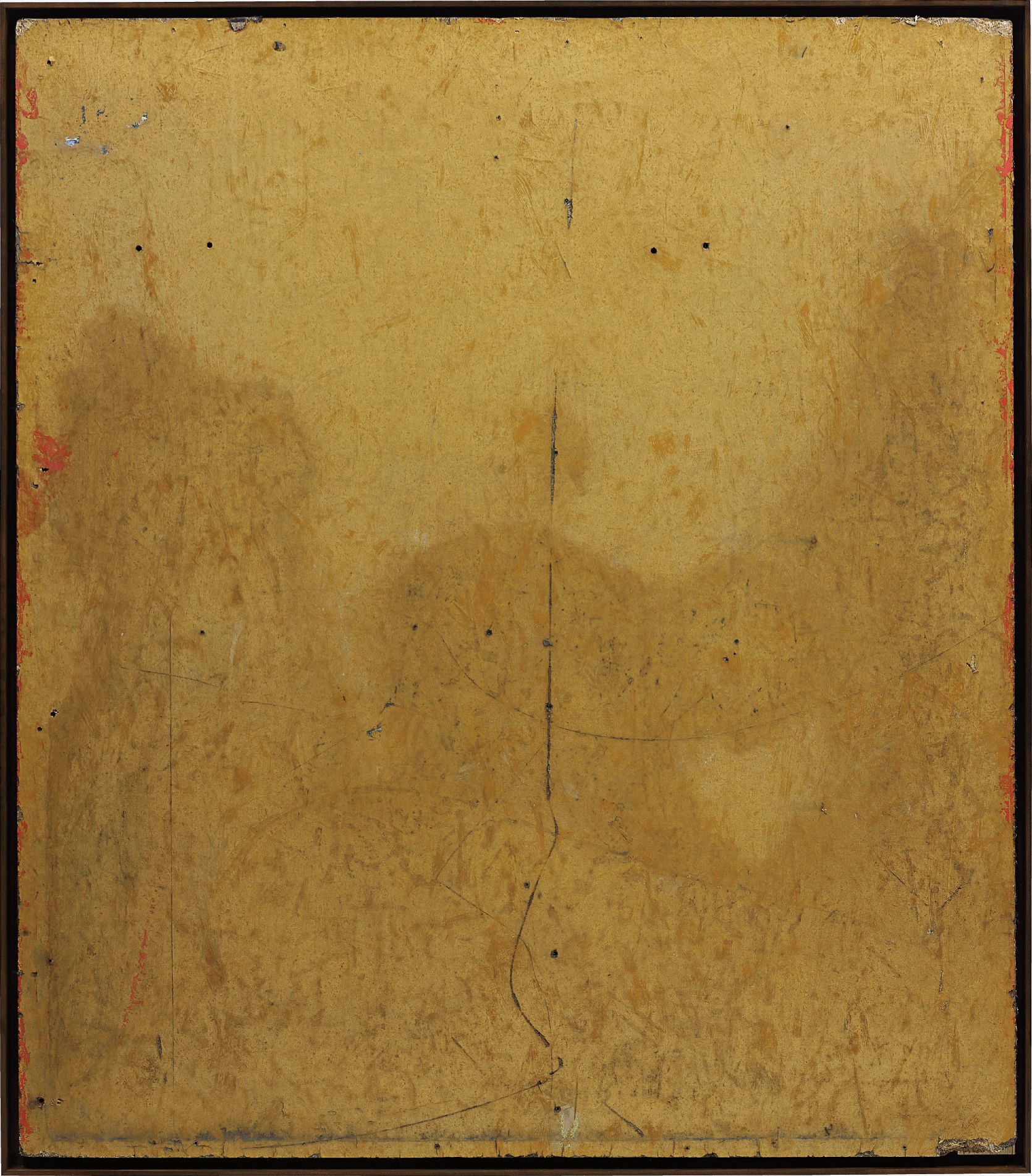 adhesive, paper, synthetic polymer emulsion on wood panel