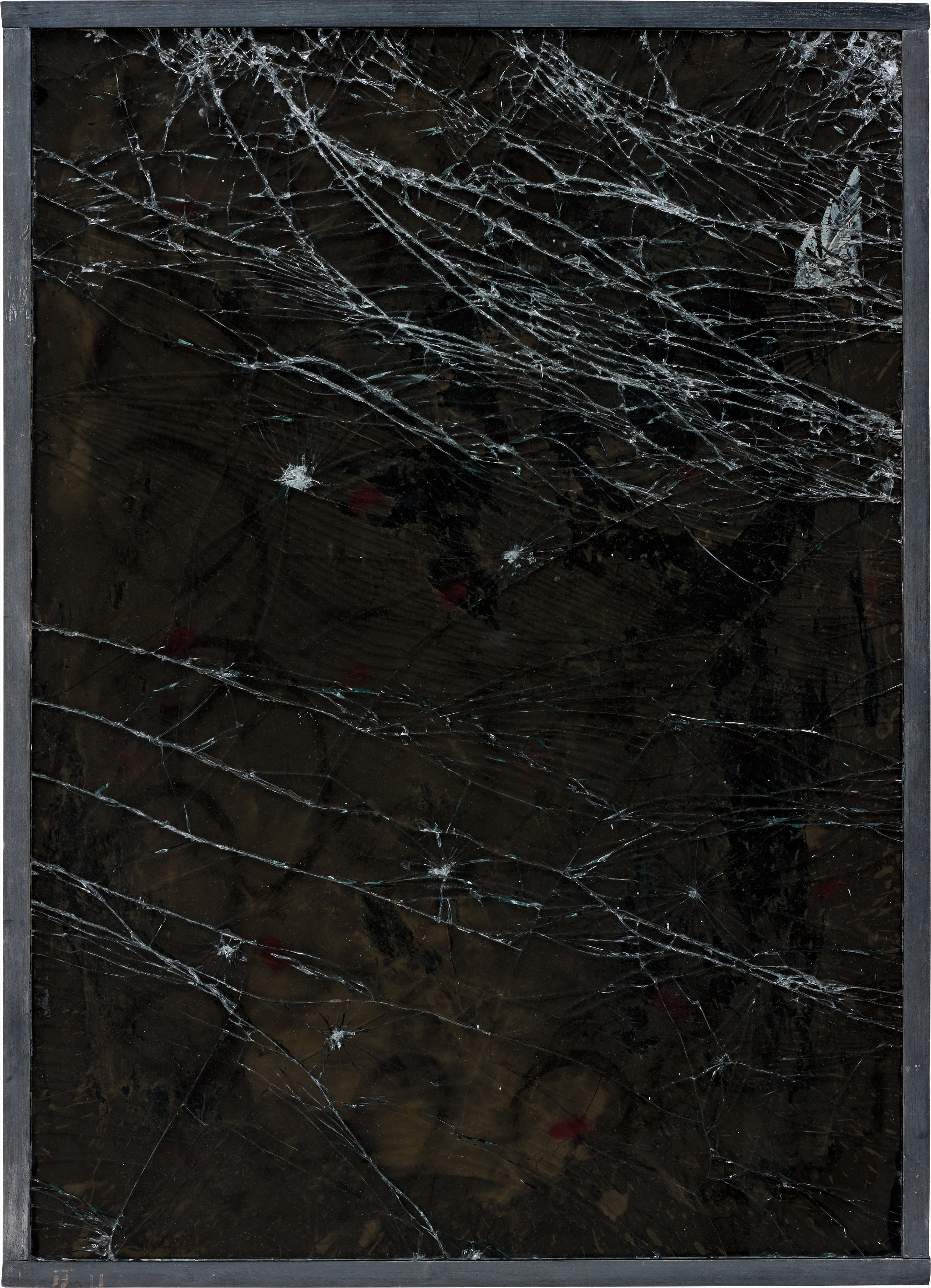 Oscar Murillo — oilstick, paint, mesh and glass on concrete, in artist's frame